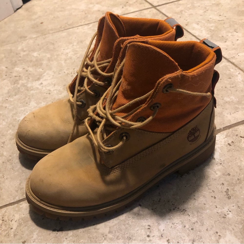 $200 Timberland ReBotl TimberDry Orange Tan Ankle Boots Sz 4.5Y / 6W